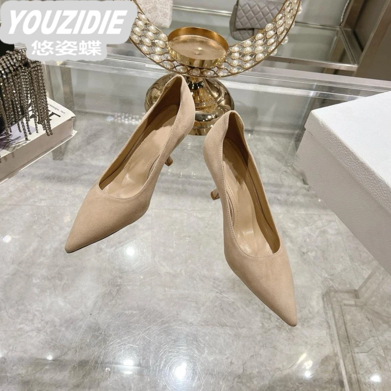 黑色绒面细跟高跟鞋女职业2025新款春季学生礼仪正装轻奢浅口鞋