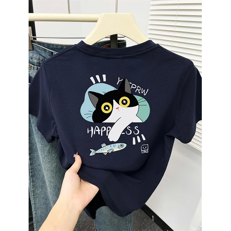 洋气可爱猫咪印花设计感小众正肩短袖t恤女夏季2025新款百搭上衣