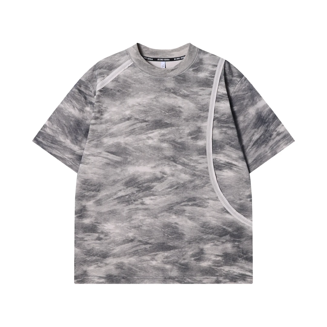 夏季高级感新款美式晕染不规则裁剪压线圆领短袖T恤百搭情侣上衣