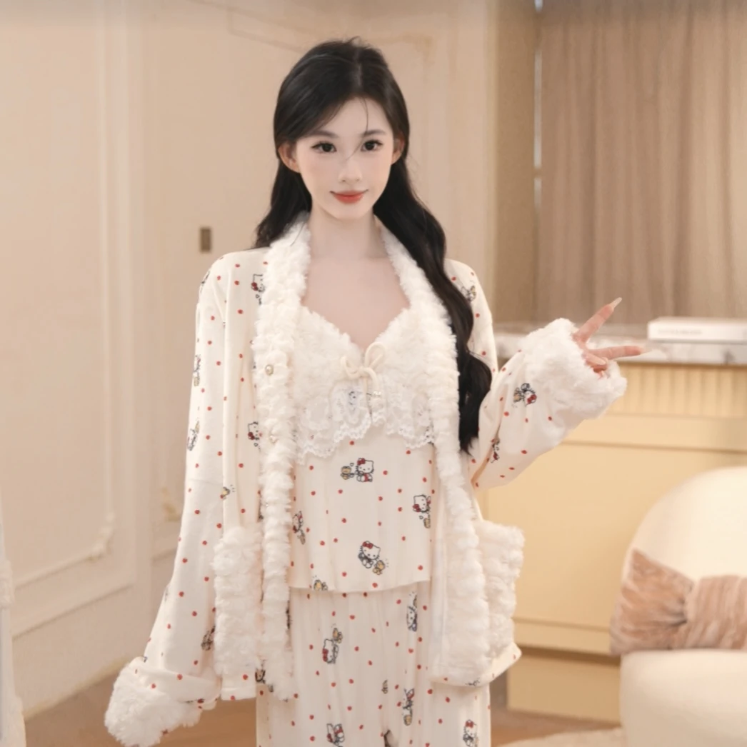 1豆【暖冬小咪】长袖长裤纯欲高腰显瘦秋冬季女套装法式睡衣