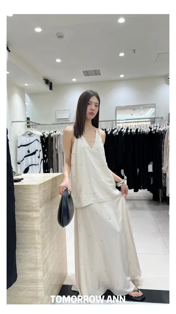 福秒-V领吊带、圆环钉珠设计宽松度假风上衣（TM11611#）TM