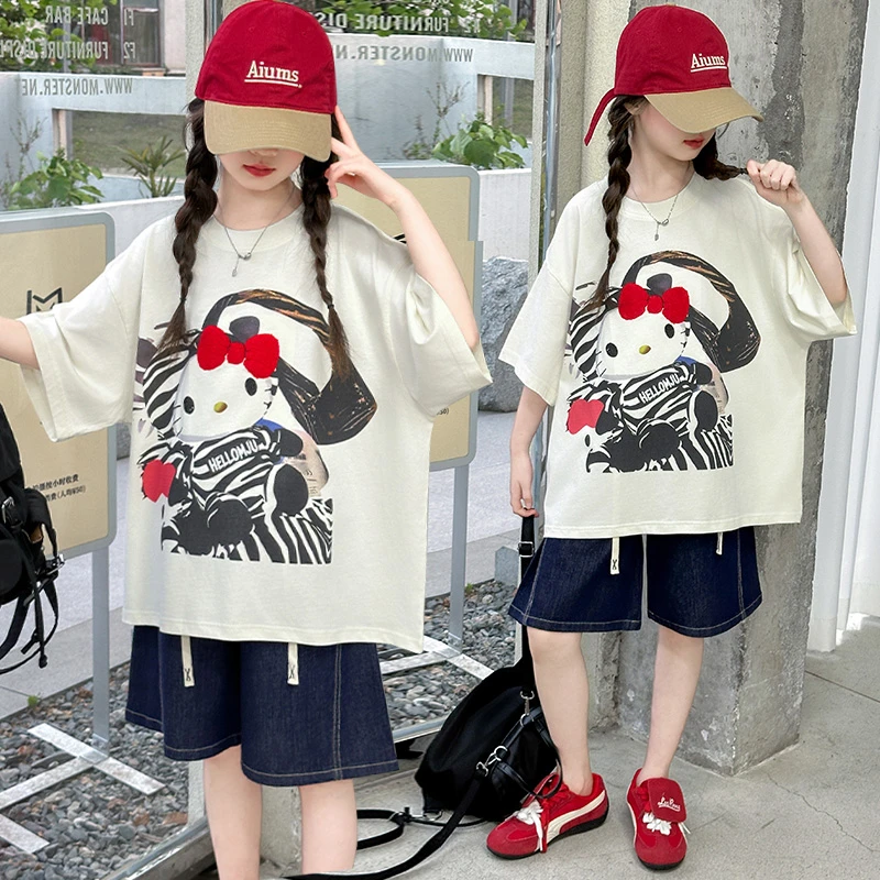 夏季女童牛仔短裤套装中大童休闲卡通T恤宽松上衣儿童洋气两件套