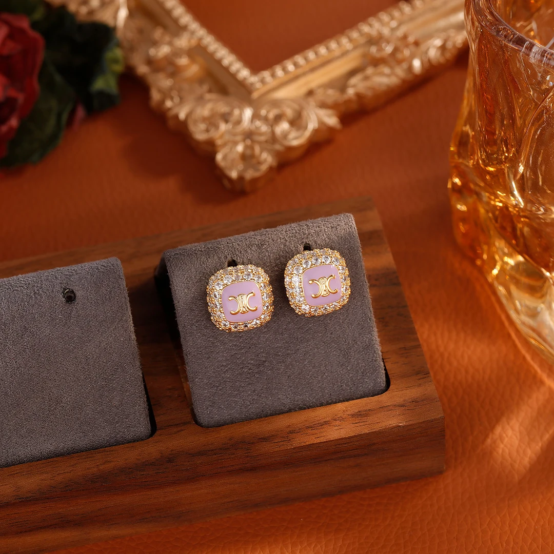 合金耳饰 【5426】法式轻奢凯旋门彩色滴油方块耳钉满镶钻耳环女