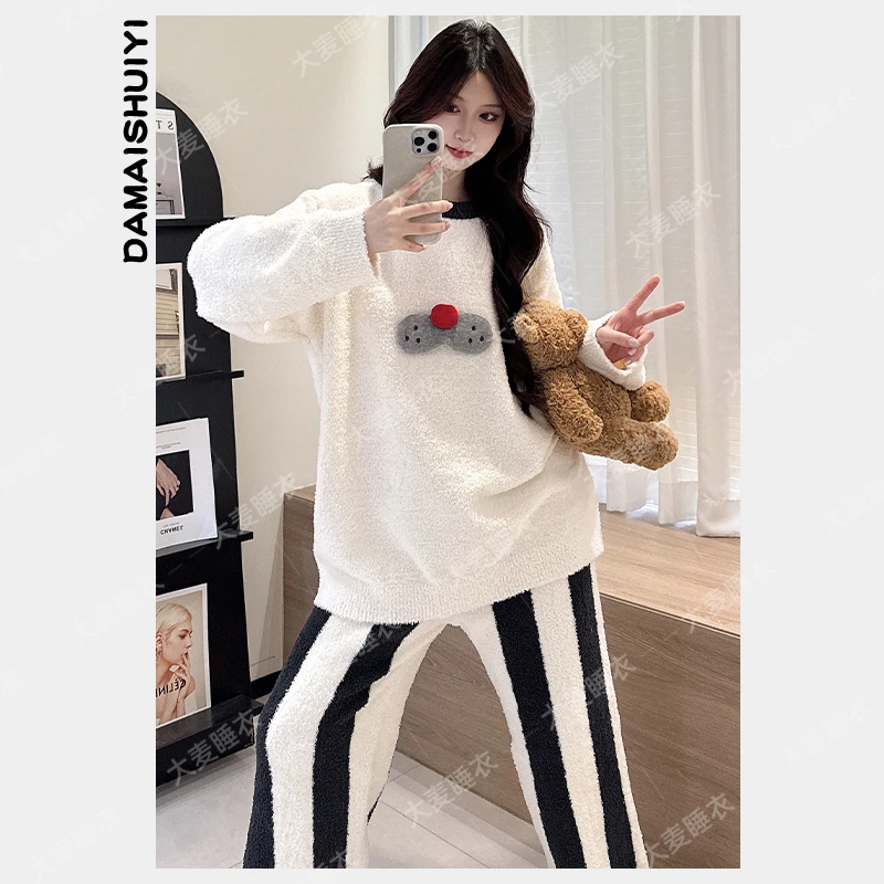 秋冬加绒加厚圆领套头睡衣女珊瑚绒家居服套装半边绒冬季保暖显瘦