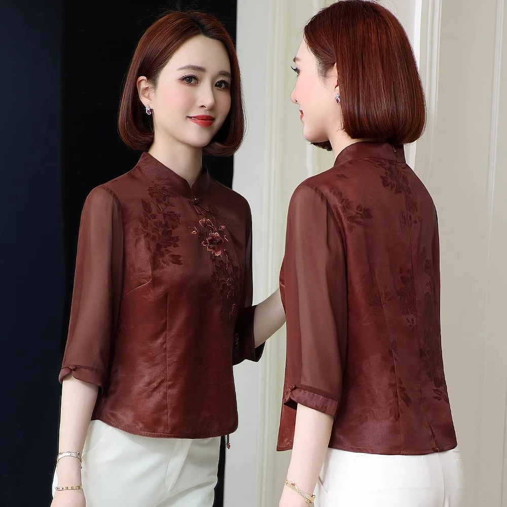 香云纱上衣女夏季新中式国风贵夫人妈妈真丝红云纱100%桑蚕丝衬衫