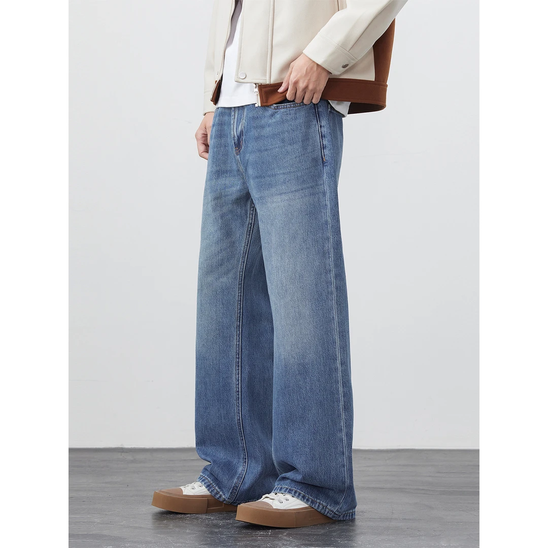 Kuvine2025秋季纯棉微喇阔腿潮牌宽松直筒水洗百搭耐磨牛仔裤男士