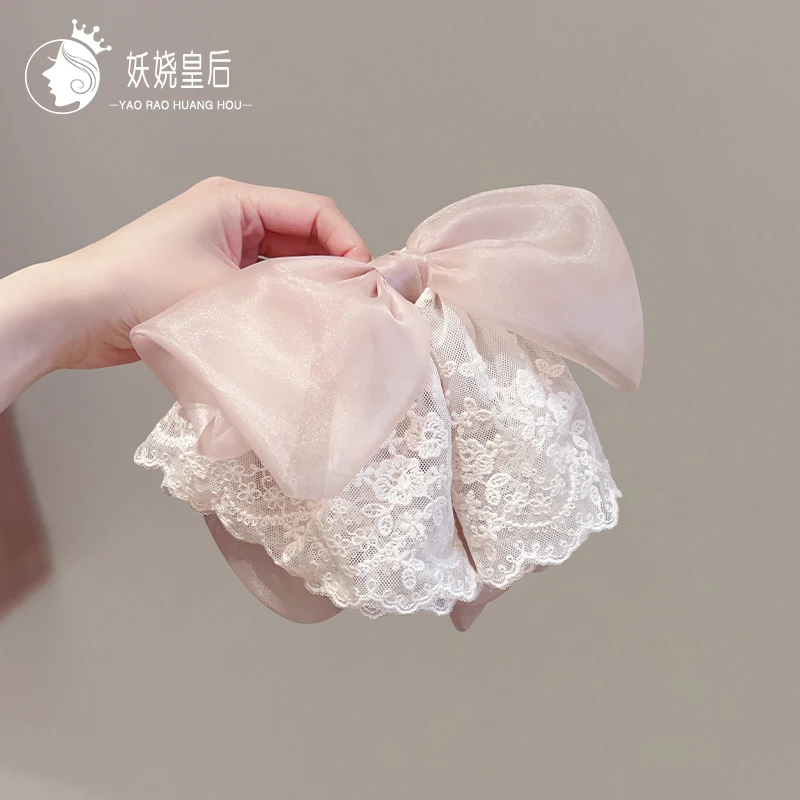 韩国东大门蕾丝蝴蝶结马尾夹发夹女气质温柔甜美后脑勺发饰鲨鱼夹