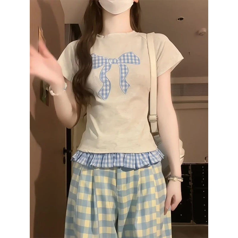 夏日氛围感穿搭~格纹拼接蝴蝶结刺绣短袖t恤女修身显瘦假两件上衣