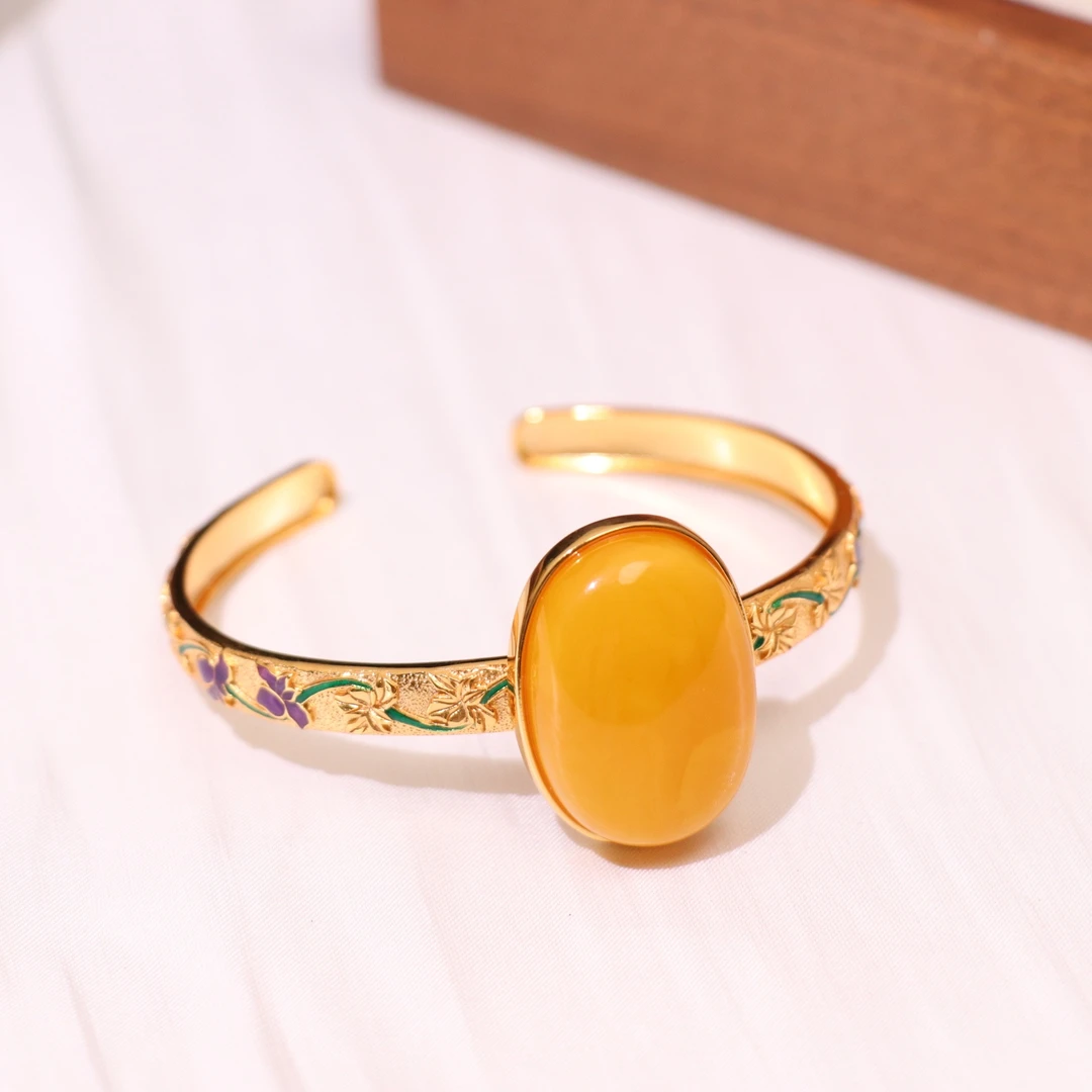 【熊总夫妇】琥珀蜜蜡S925银蛋面时尚手镯-约26*18mm