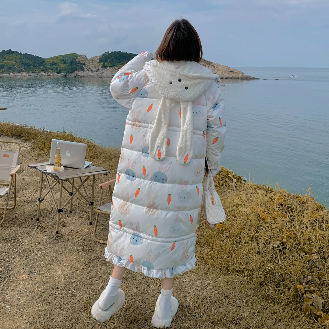兔耳连帽印花羽绒服女2025新款冬季设计感炸街甜美减龄中长款外套