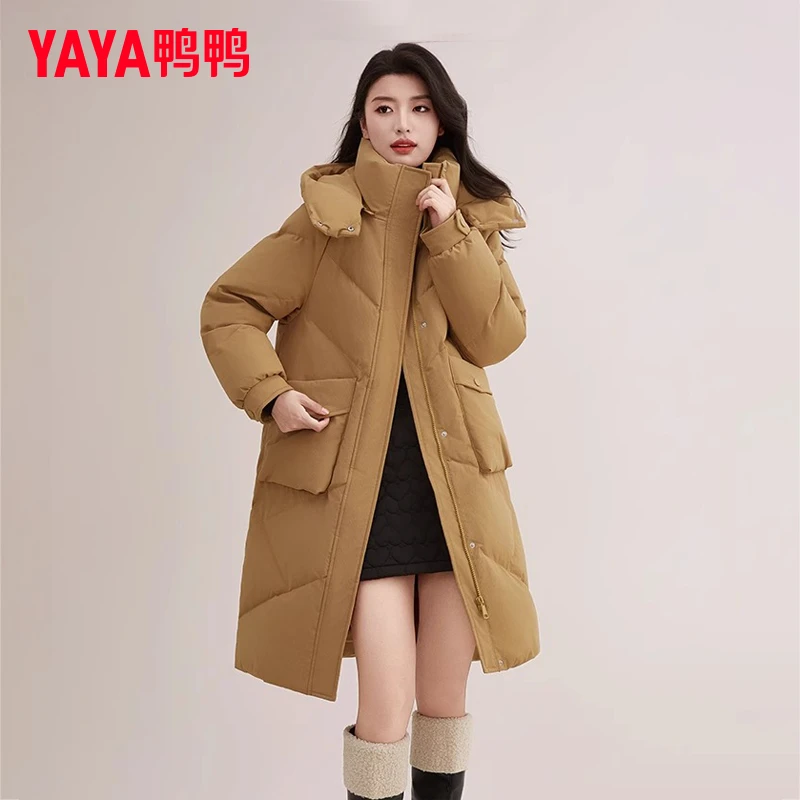 YAYA/鸭鸭羽绒服中长款冬休闲时尚韩版简约百搭连帽加厚保暖外套