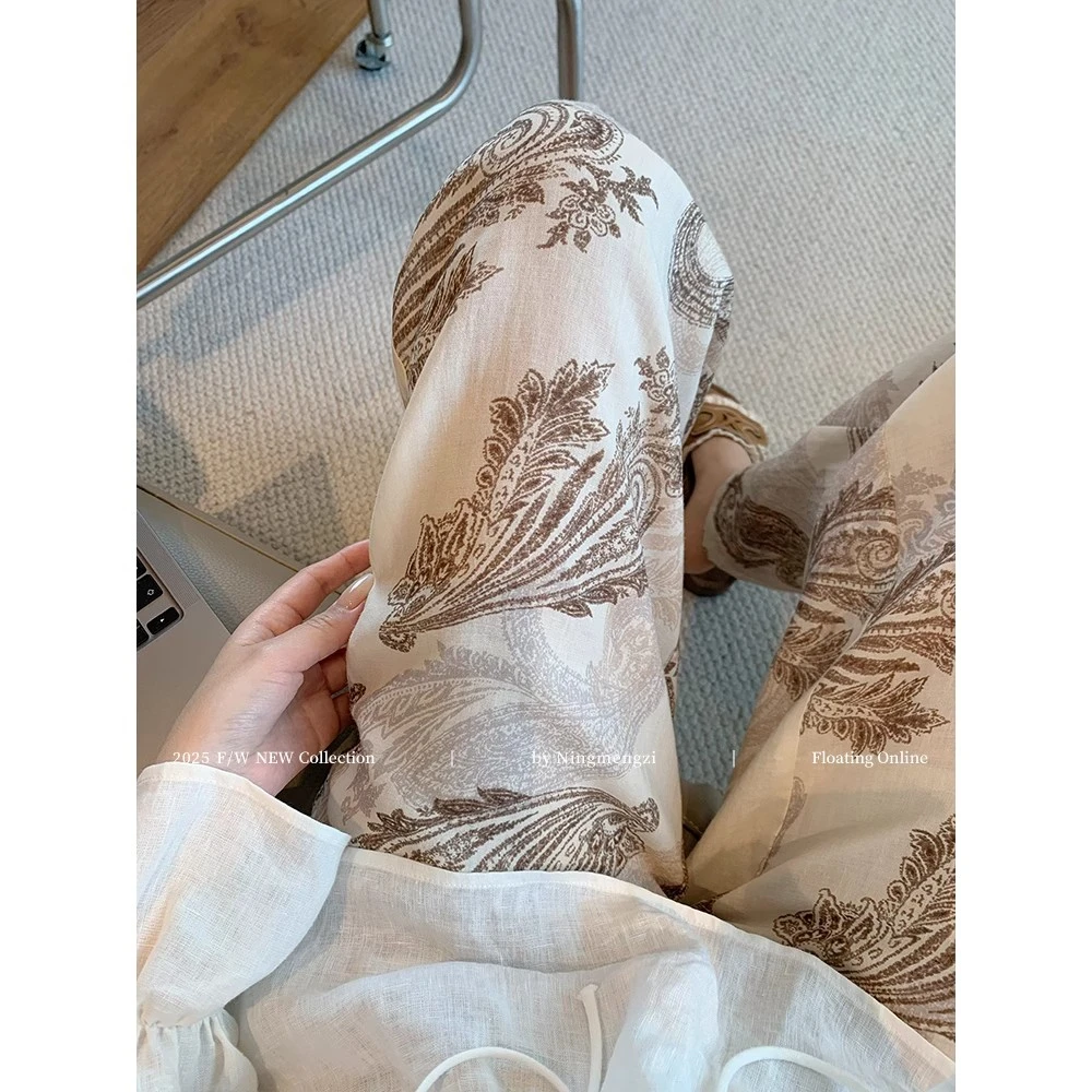 松弛感复古印花亚麻休闲直筒裤女2025年夏季新款高级时髦阔腿裤子