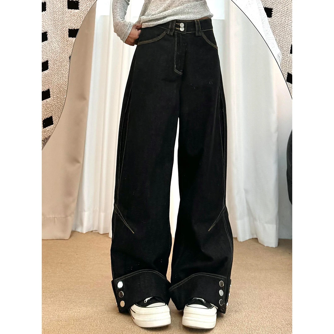 秋冬季新款重工翻边阔腿牛仔裤女美式设计感高级感高腰直筒拖地裤