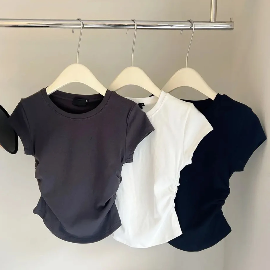 2024夏季新款修身显瘦短款纯色褶皱设计感圆领简约风短袖T恤女ins