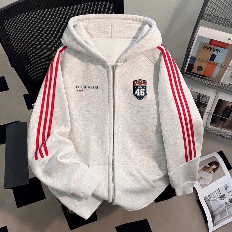 Dekkry潮牌港风连帽开衫卫衣秋冬三条杠男女oversize宽松拉链外套