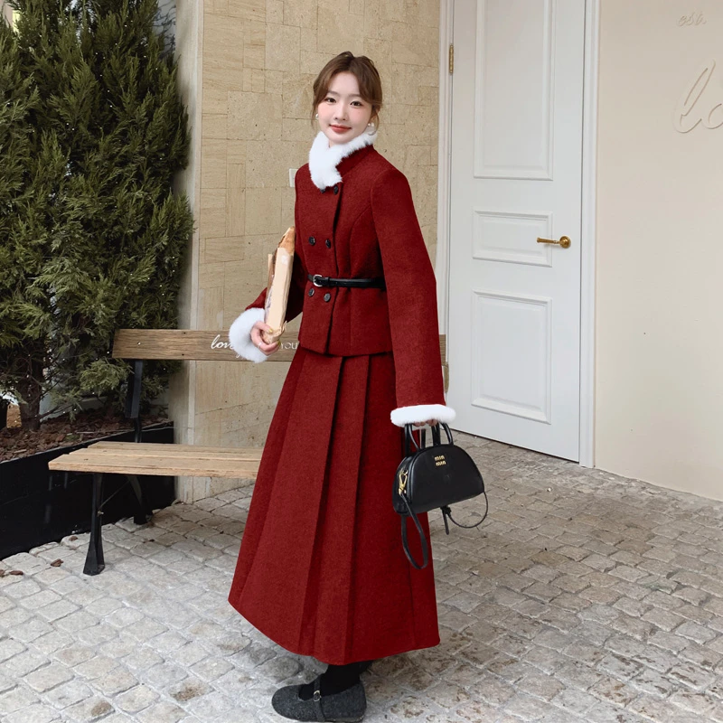 圣诞新年红毛呢套装裙女2024秋冬新款韩剧女主穿搭呢子外套半身裙