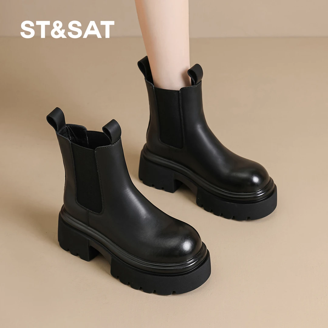 星期六女鞋旗舰店马丁靴英伦风加绒切尔西靴百搭厚底显瘦黑色短靴