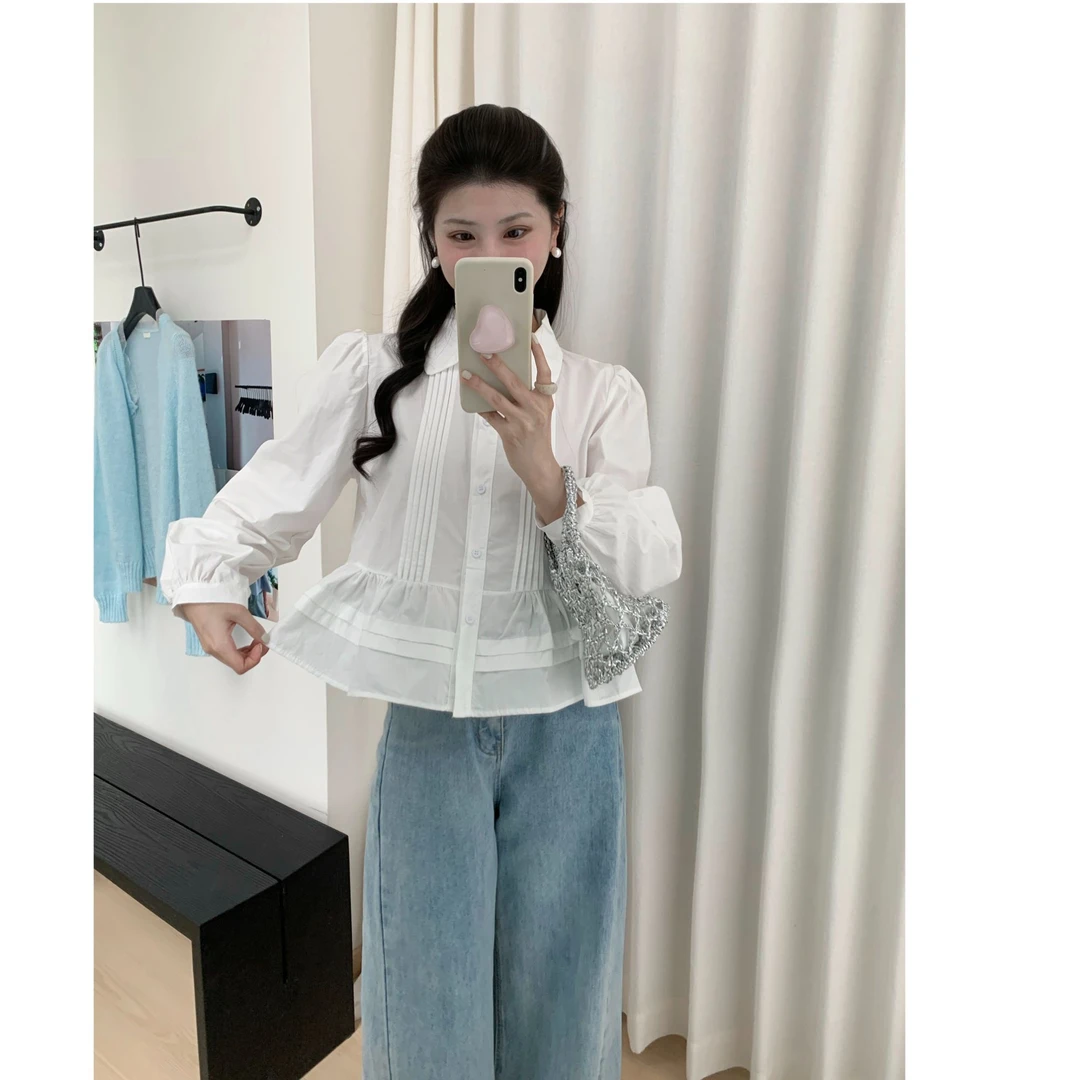 TS Hyvaa 【苏菲的春日限定】法式减龄压褶宽松娃娃领花边衬衫