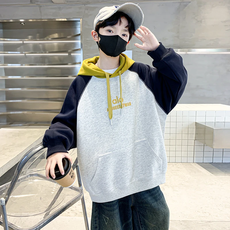 男童拼色连帽卫衣春秋季2025新款儿童帅气时髦衣服中大童装韩版潮