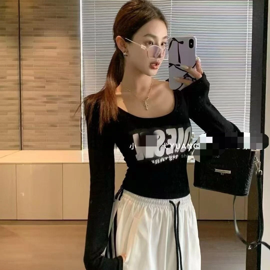 2025美式辣妹U领长袖T恤女春季新款正肩字母打底衫显瘦短款上衣