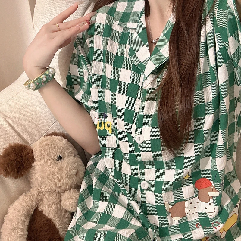 棋盘格绿色小狗睡衣少女感夏季泡泡棉短袖长裤三件套装卡通家居服