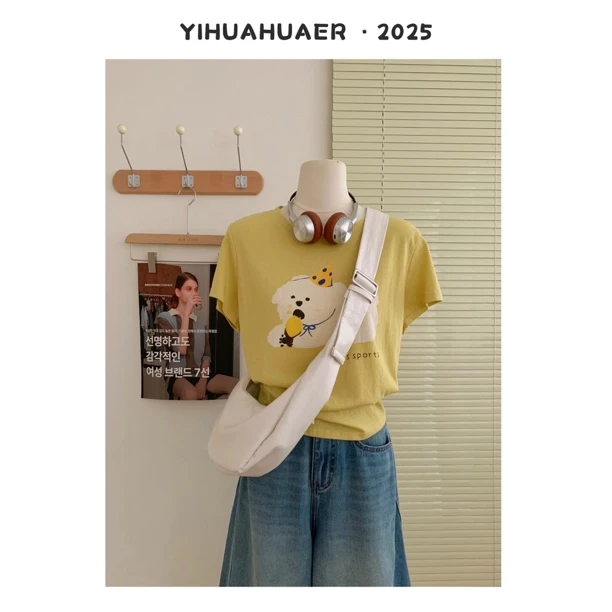 东大门T恤圆领印花宽松卡通图案时尚韩系风休闲短袖T恤上衣3758