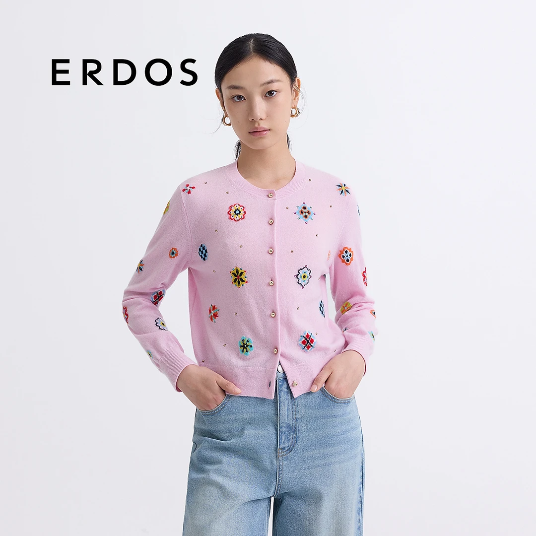【羊绒外套】ERDOS 圆领花朵提花针织开衫春粉色柔软毛衣