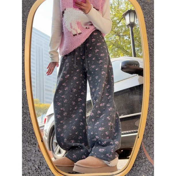 【Z.D.C】粉色小碎花加绒休闲裤/宽松显高百搭韩版