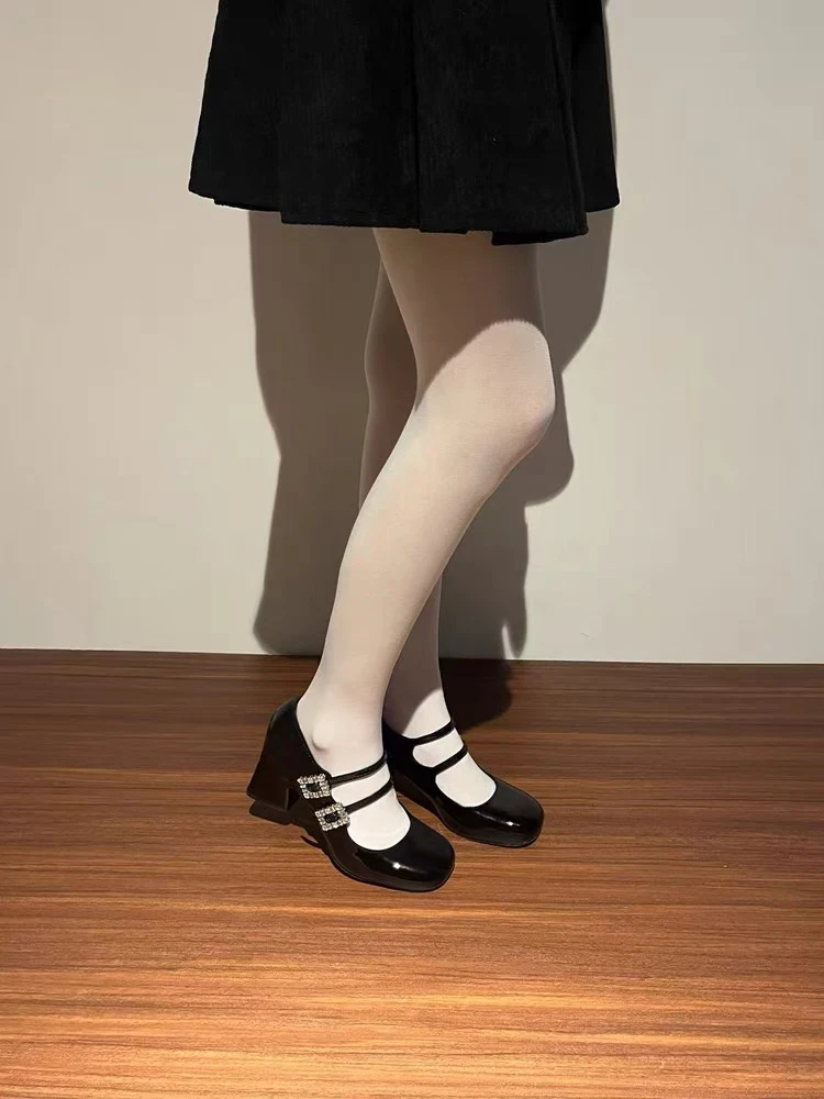 小红书种草推荐水钻玛丽珍女鞋黑色高跟鞋漆皮气质粗跟单鞋不累脚