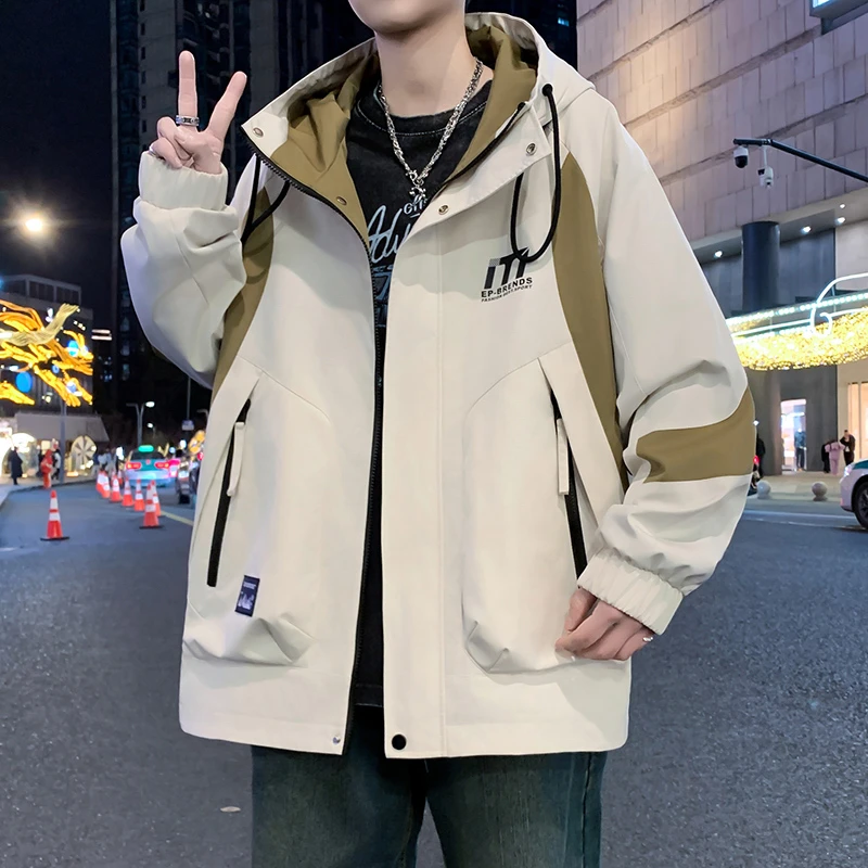 春季新款港风拼色连帽夹克男士潮流时尚休闲青春帅气百搭外套上衣