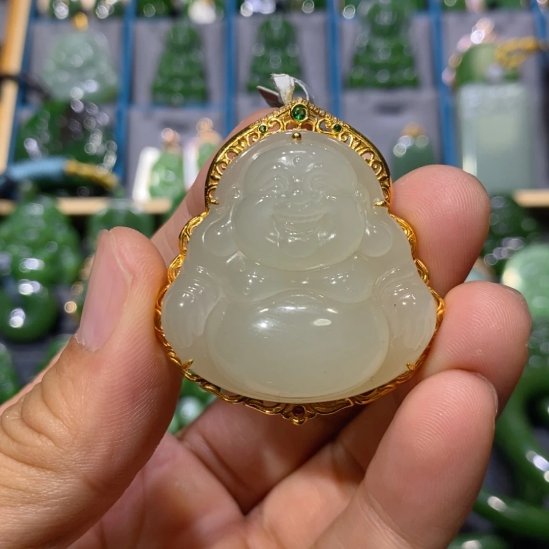 【闪购商品】和田玉吊坠(不含链)18K金镶嵌冰底荧光白玉佛公39/14