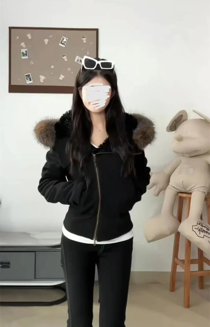 公主 毛领卫衣外套女秋季新款韩系上衣连帽收腰开衫459569