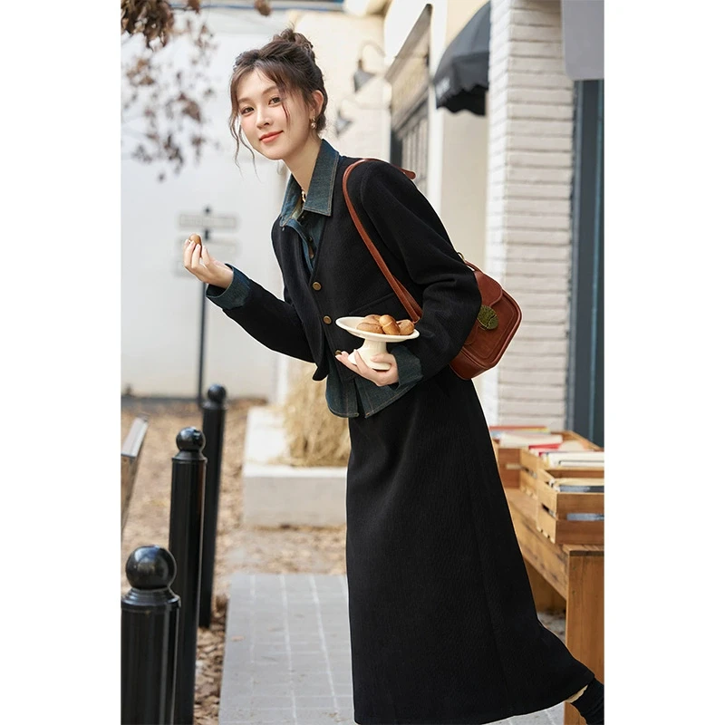 【年末大促】时尚牛仔拼接开叉半身裙女秋冬法式复古高级感时尚显瘦