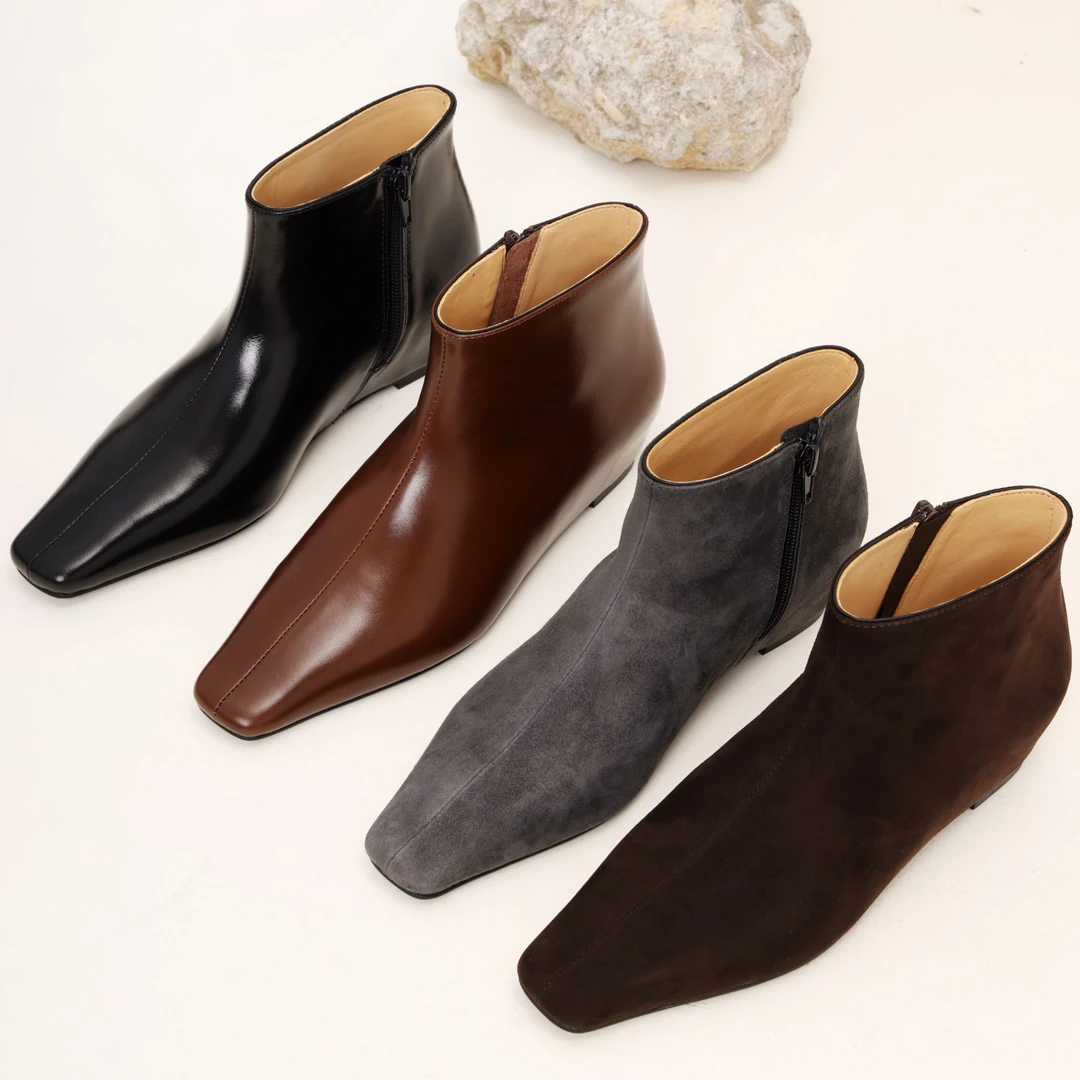 Inking Pot 秋冬极简方头内增高踝靴女老钱风侧拉链真皮短靴子