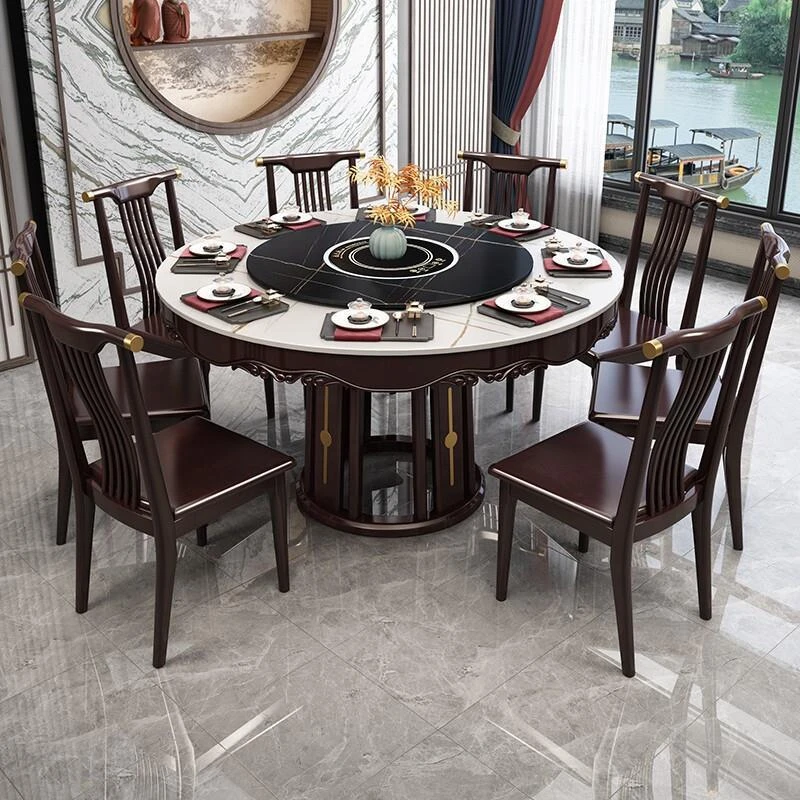 岩板餐桌新中式全实木岩板餐桌轻奢大理石圆桌家用饭桌小户型桌子