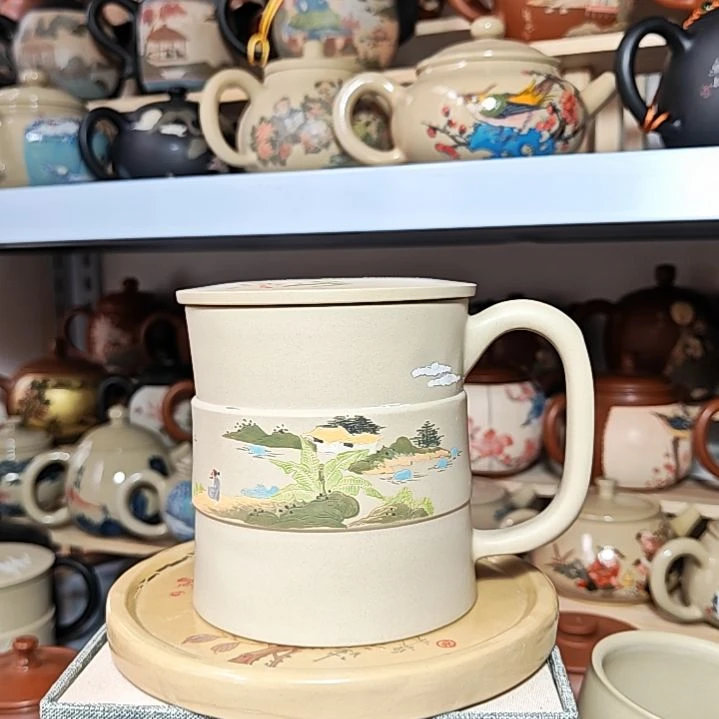 建水紫陶刻绘办公杯复烧