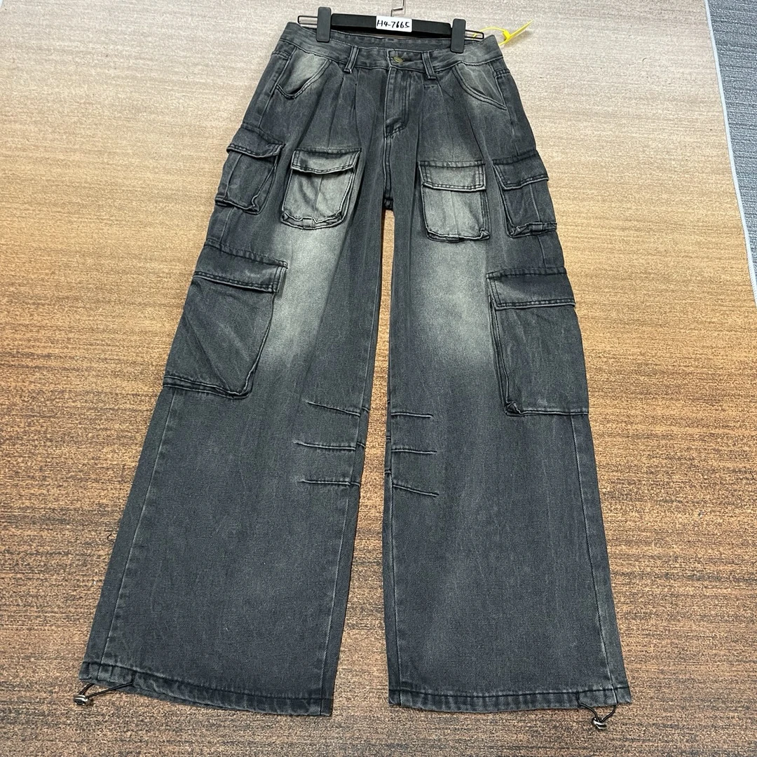 H4-7665 复古黑个性设计超帅多口袋束脚大版工装裤 无弹（不换退）