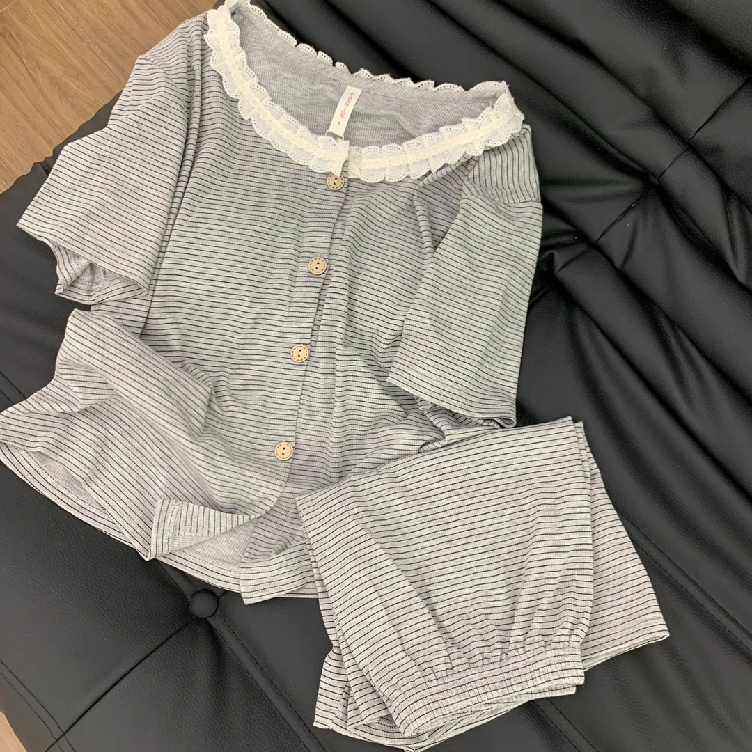 韩里韩气条纹睡衣·夏季ins风甜美花边带胸垫薄款短袖裤少女家居套