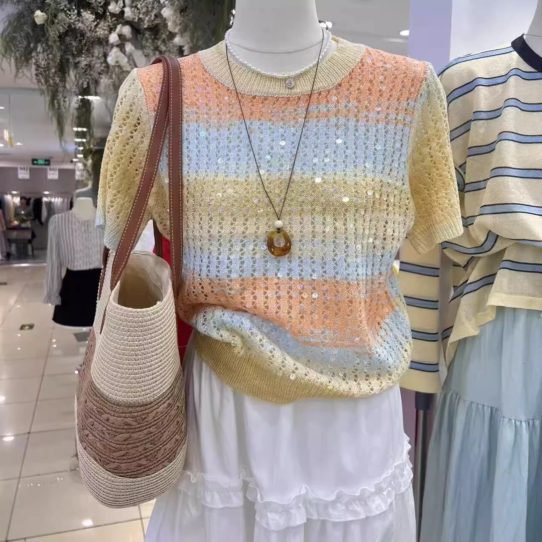 2025春新款时尚百搭显瘦圆领短袖亮片针织衫女宽松百搭上衣H7-38