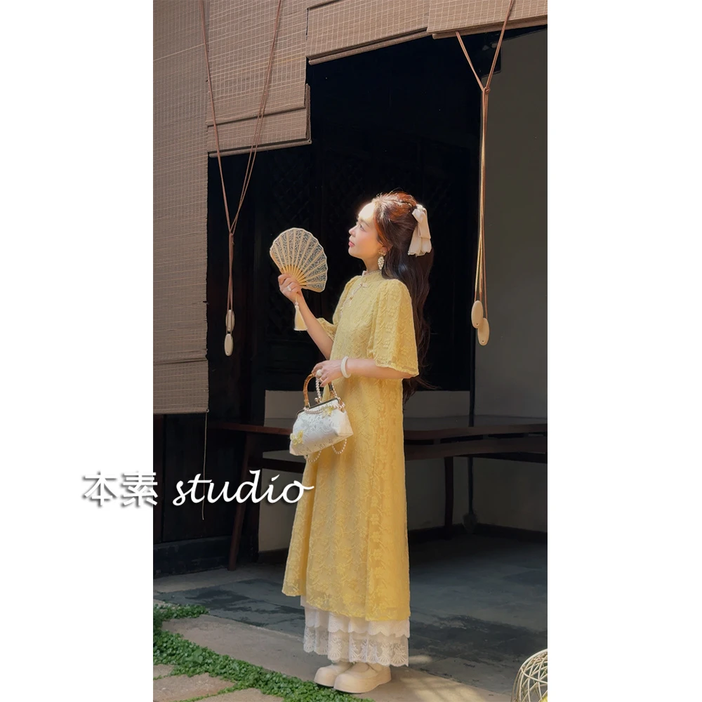 知否Y2755刺绣蕾丝串珠盘扣斜门襟立领短袖连衣裙