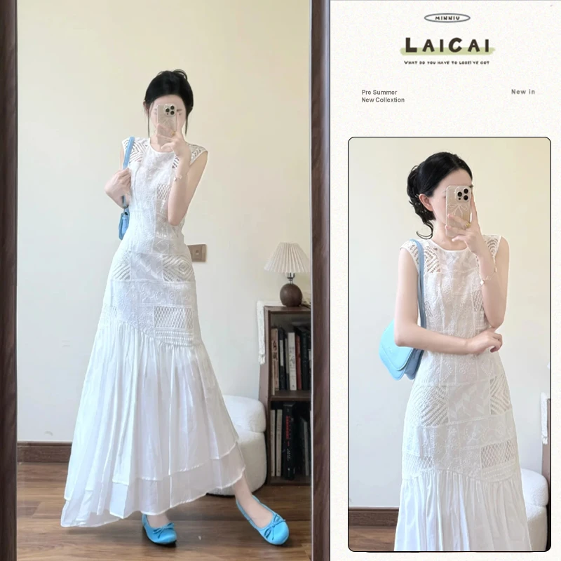 A481清冷感无袖蕾丝长裙夏季新款法式慵懒风镂空不规则独特连衣裙
