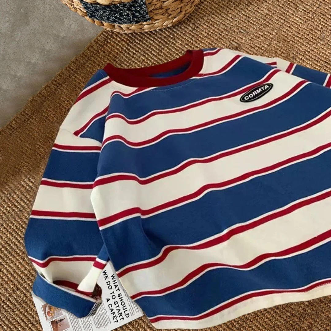 儿童长袖t恤宽松时髦秋季儿童撞色条纹洋气秋装圆领上衣休闲童装