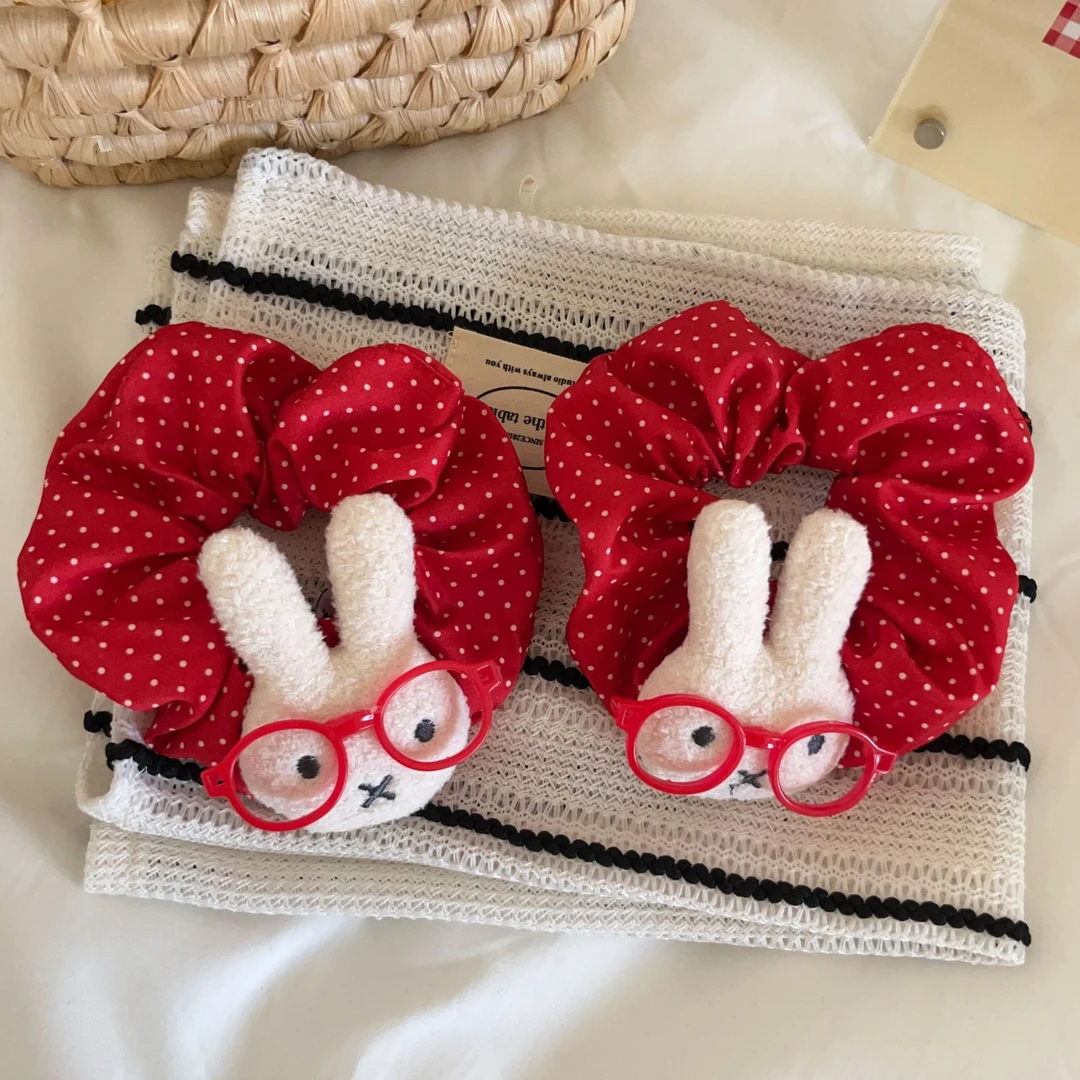 显白红色波点戴眼镜米菲兔发圈大肠圈少女心扎马尾皮筋头绳H941