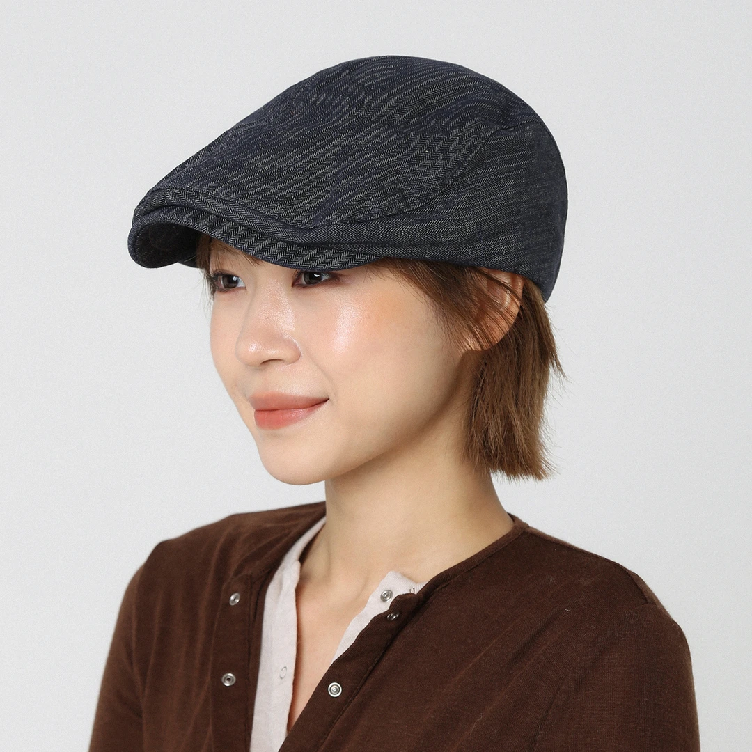 蓝色复古条纹牛仔前进帽女2025秋冬新款贝雷帽显脸小报童帽画家帽