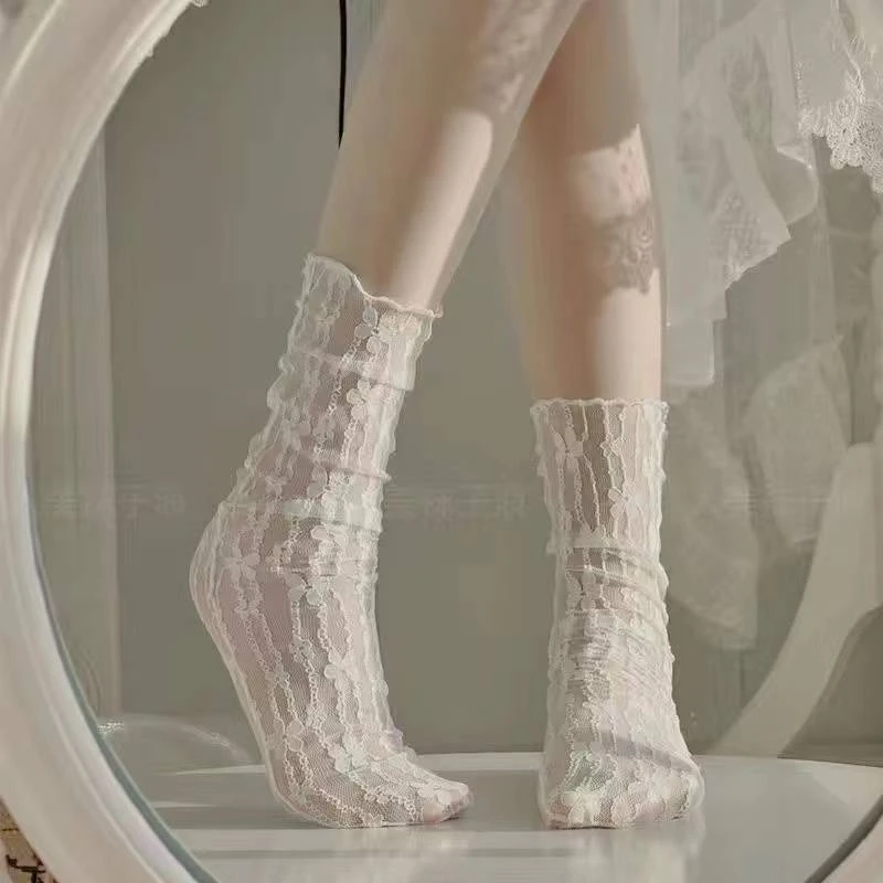 白色蕾丝花边jk百搭夏季仙女风中筒袜堆堆袜网纱玛丽珍