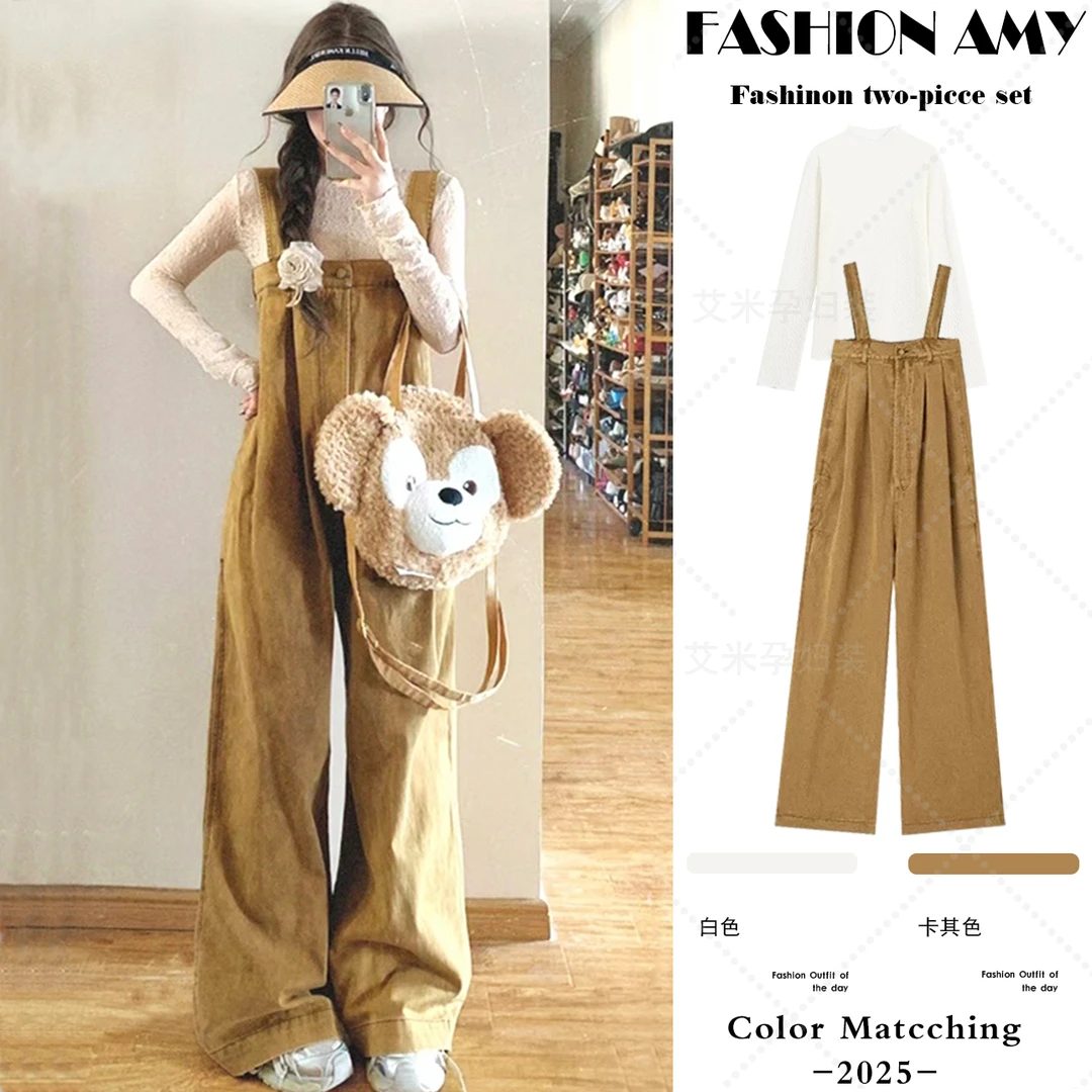 孕妇背带裤套装春秋新款时尚显瘦蕾丝打底上衣宽松休闲阔腿连体裤