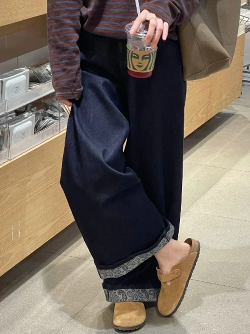 单宁蓝卷边直筒牛仔裤女秋季新款大码女裤梨形身材宽松显瘦阔腿裤
