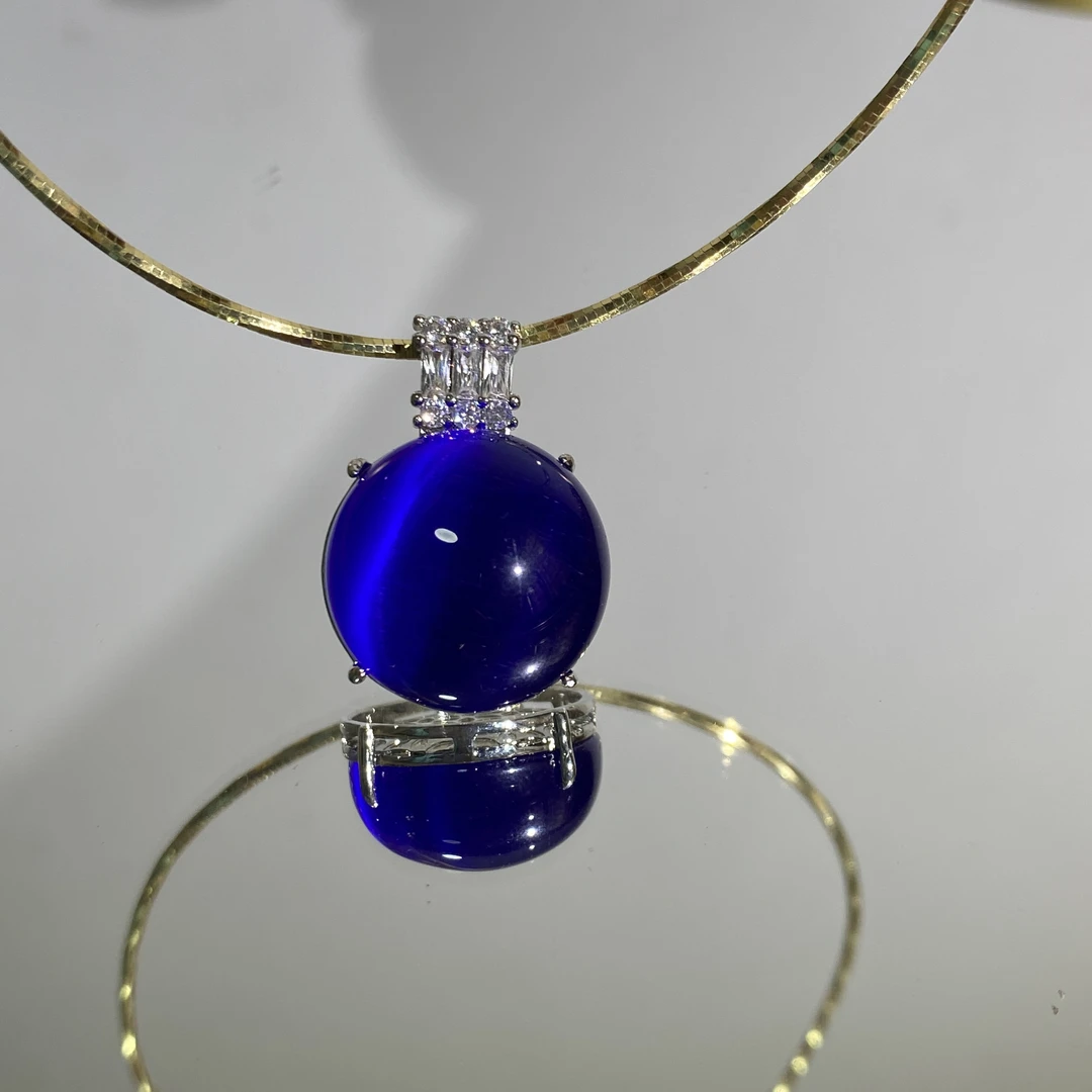 铜合金合成锆石吊坠 TTSD 蓝色圆形气质百搭吊坠项链 2776