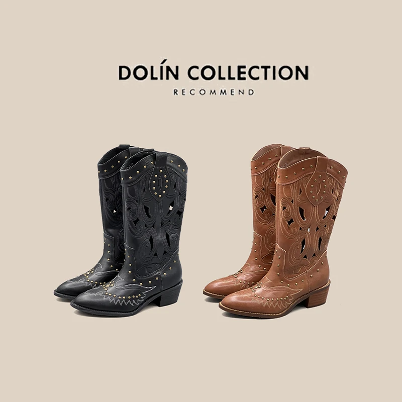 Dolin collection-B新款西部牛仔女休闲镂空骑士靴V口显瘦不过膝