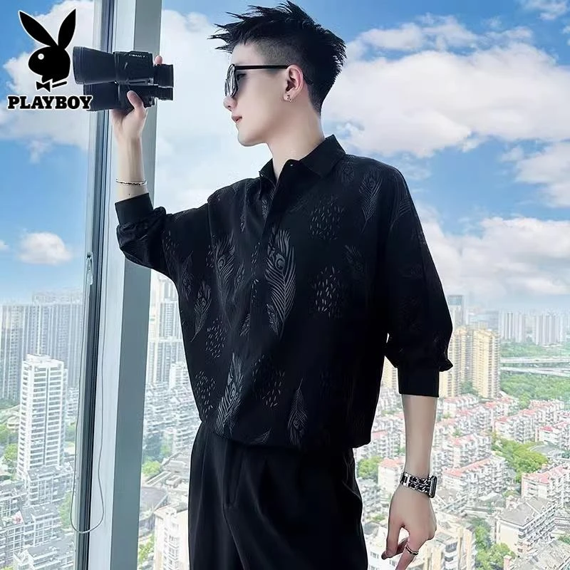 花花公子冰丝短袖衬衫男士冬季新款潮流高级感痞帅七分袖衬衣男装